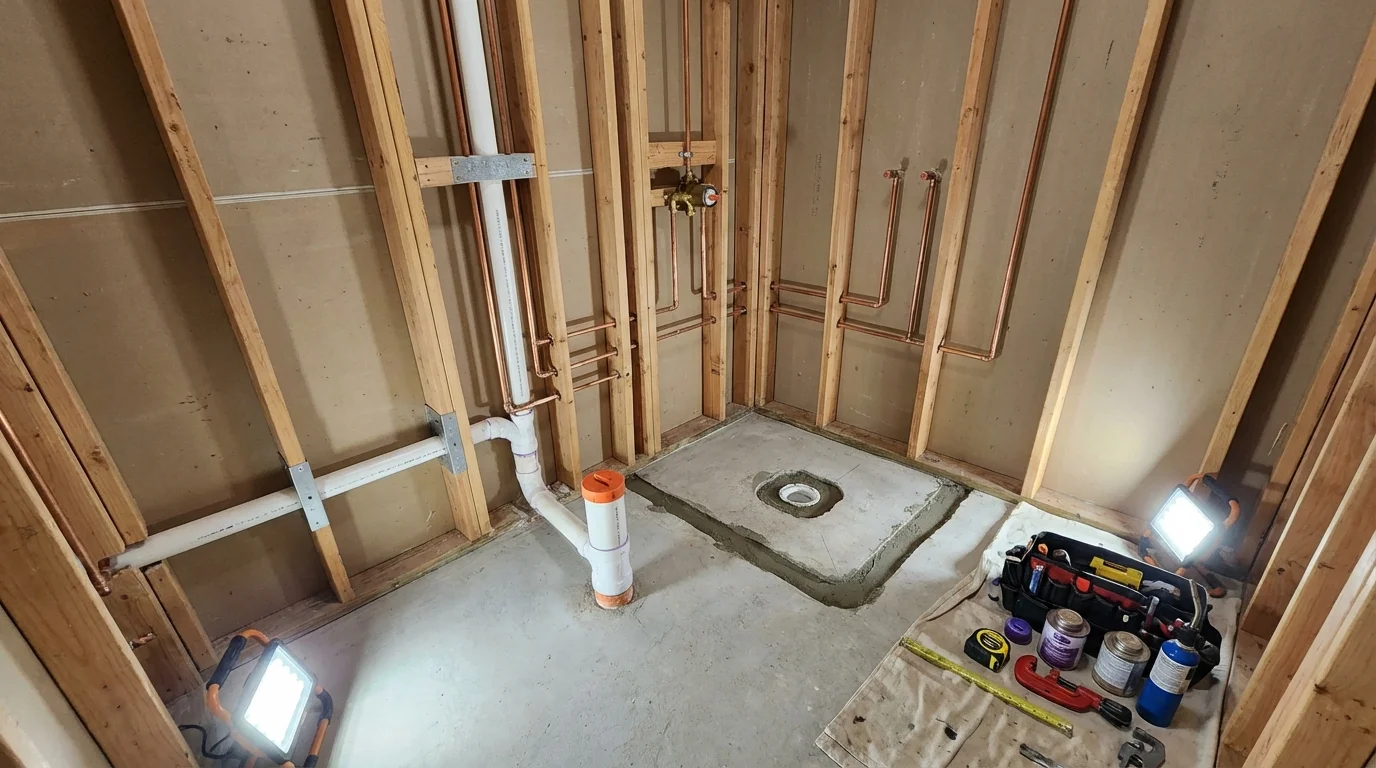 Bathroom rough-in plumbing during remodel by Johns Plumbing LLC in Long Island City