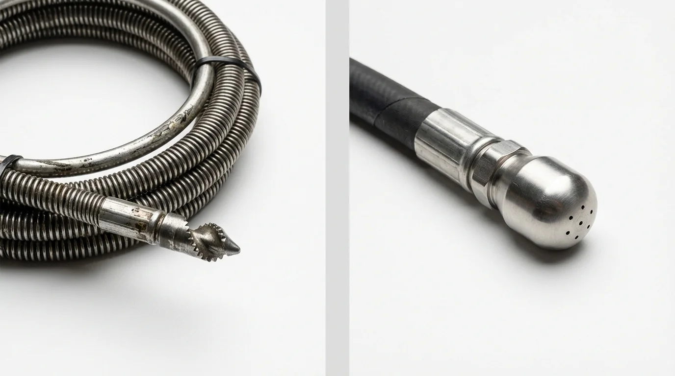 Drain snake cable and hydro jetting nozzle used for drain cleaning in Long Island City, NY