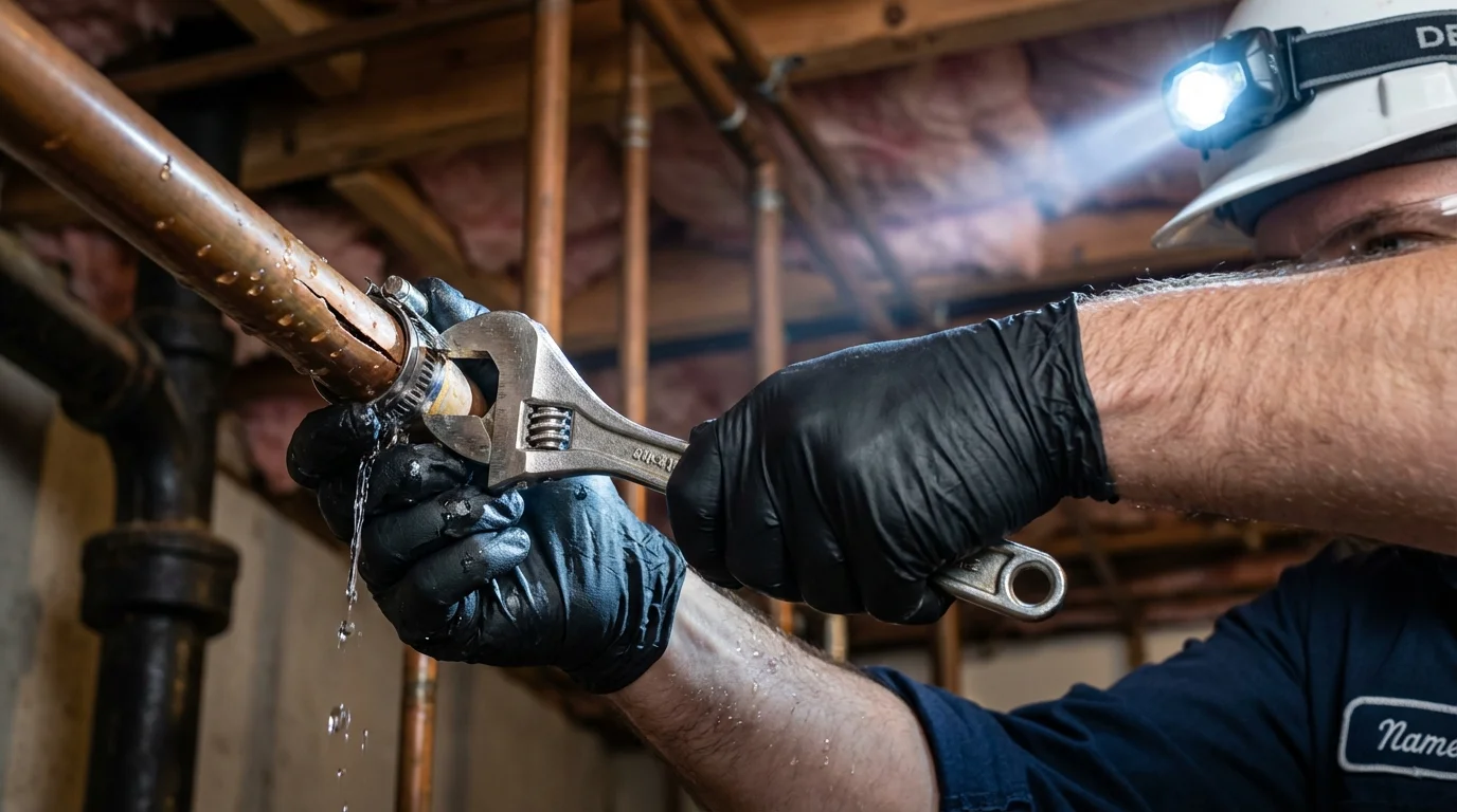 Emergency pipe clamp repair being performed by a Johns Plumbing LLC plumber in Long Island City