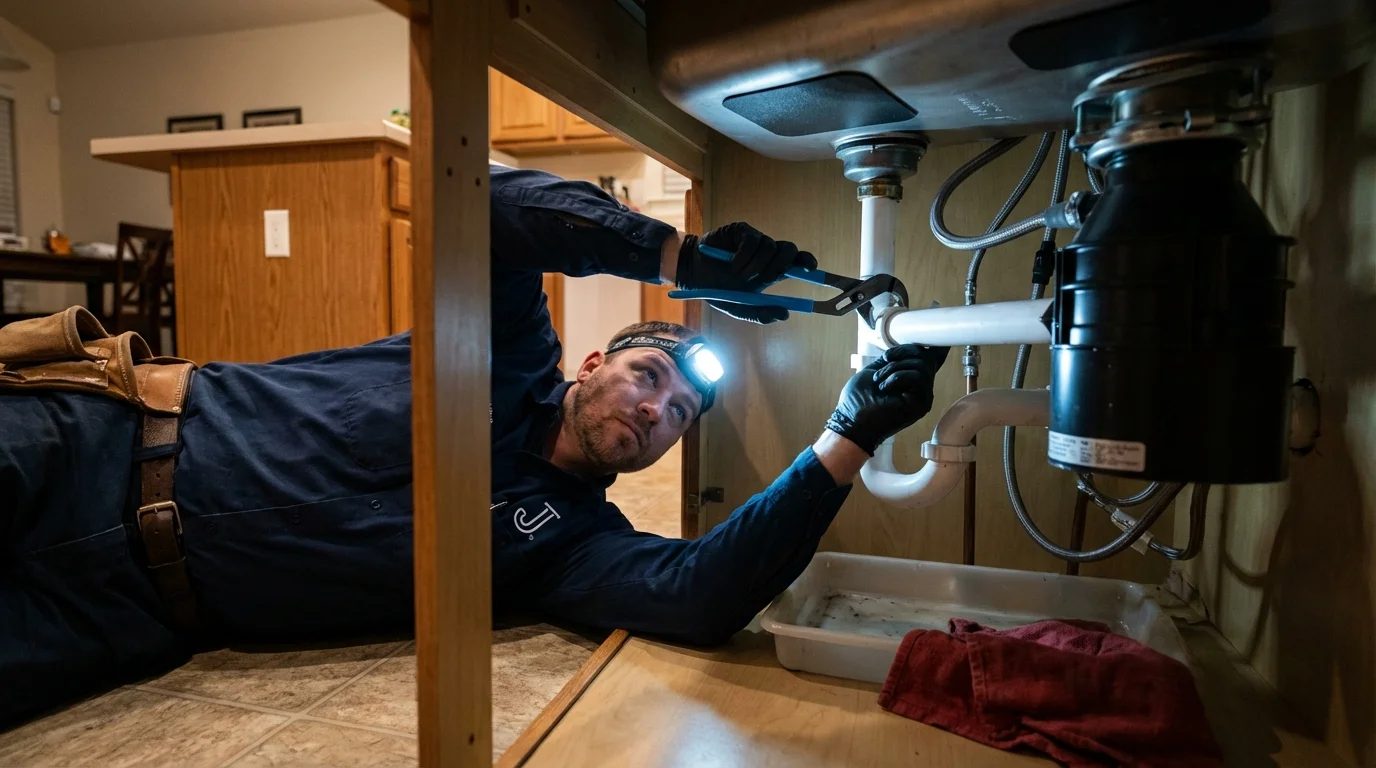 P-trap and supply line connections under a kitchen sink showing a common leak point in Long Island City, NY